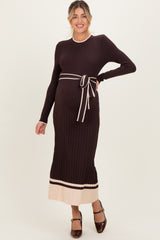 Brown Ribbed Midi Sweater Dress With Belt