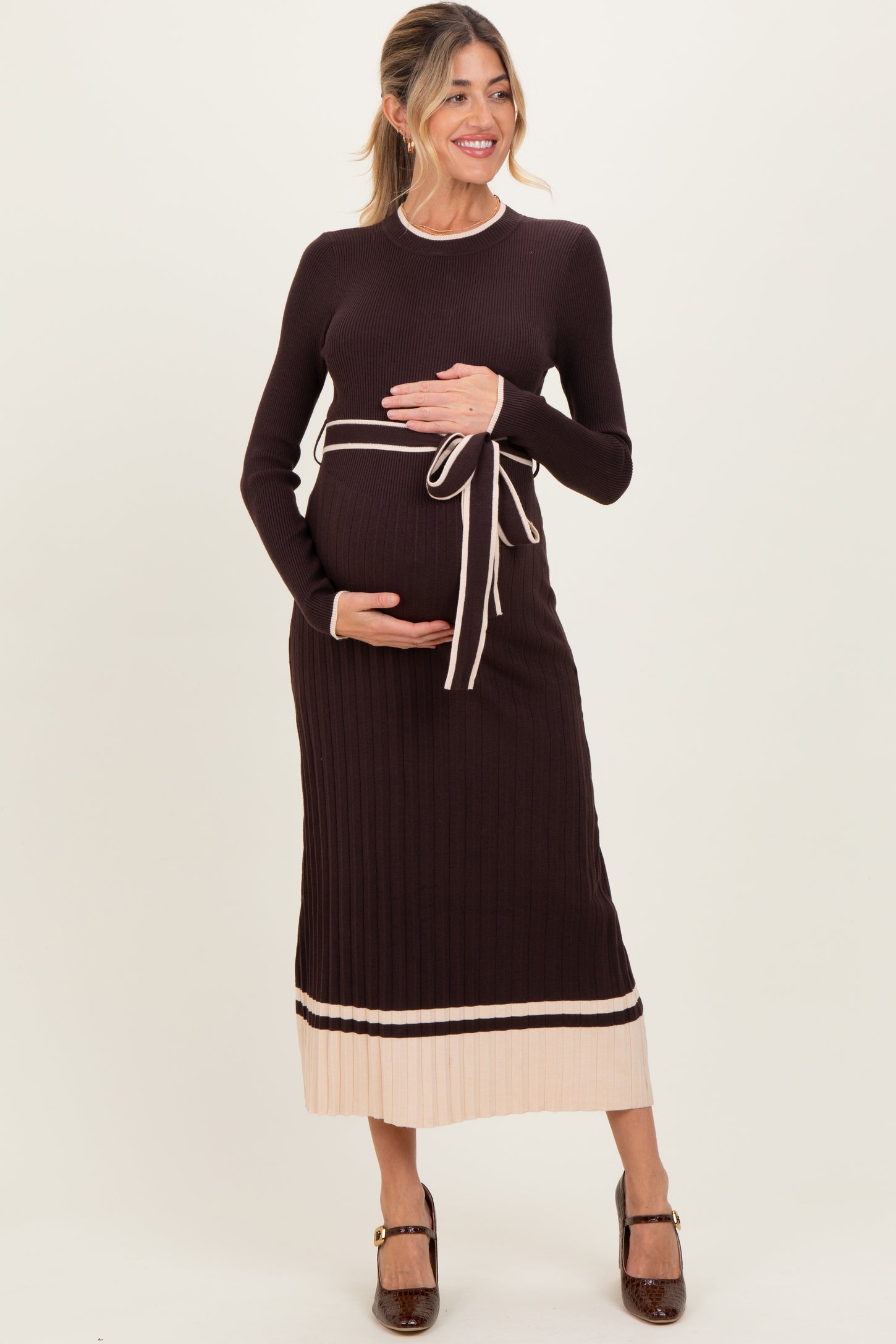 Brown Ribbed Midi Sweater Dress With Belt Brown Ribbed Midi Sweater Dress With Belt