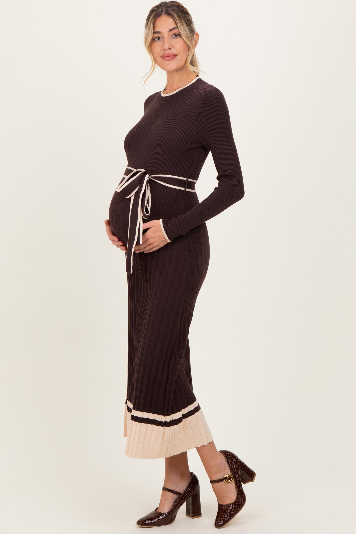 Brown Ribbed Midi Sweater Dress With Belt