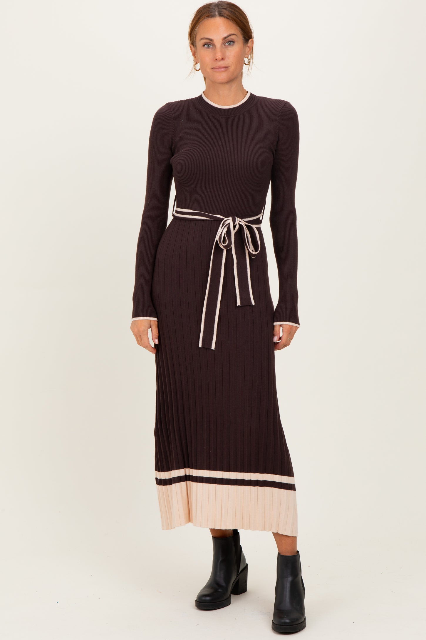 Brown Ribbed Midi Sweater Dress With Belt – PinkBlush