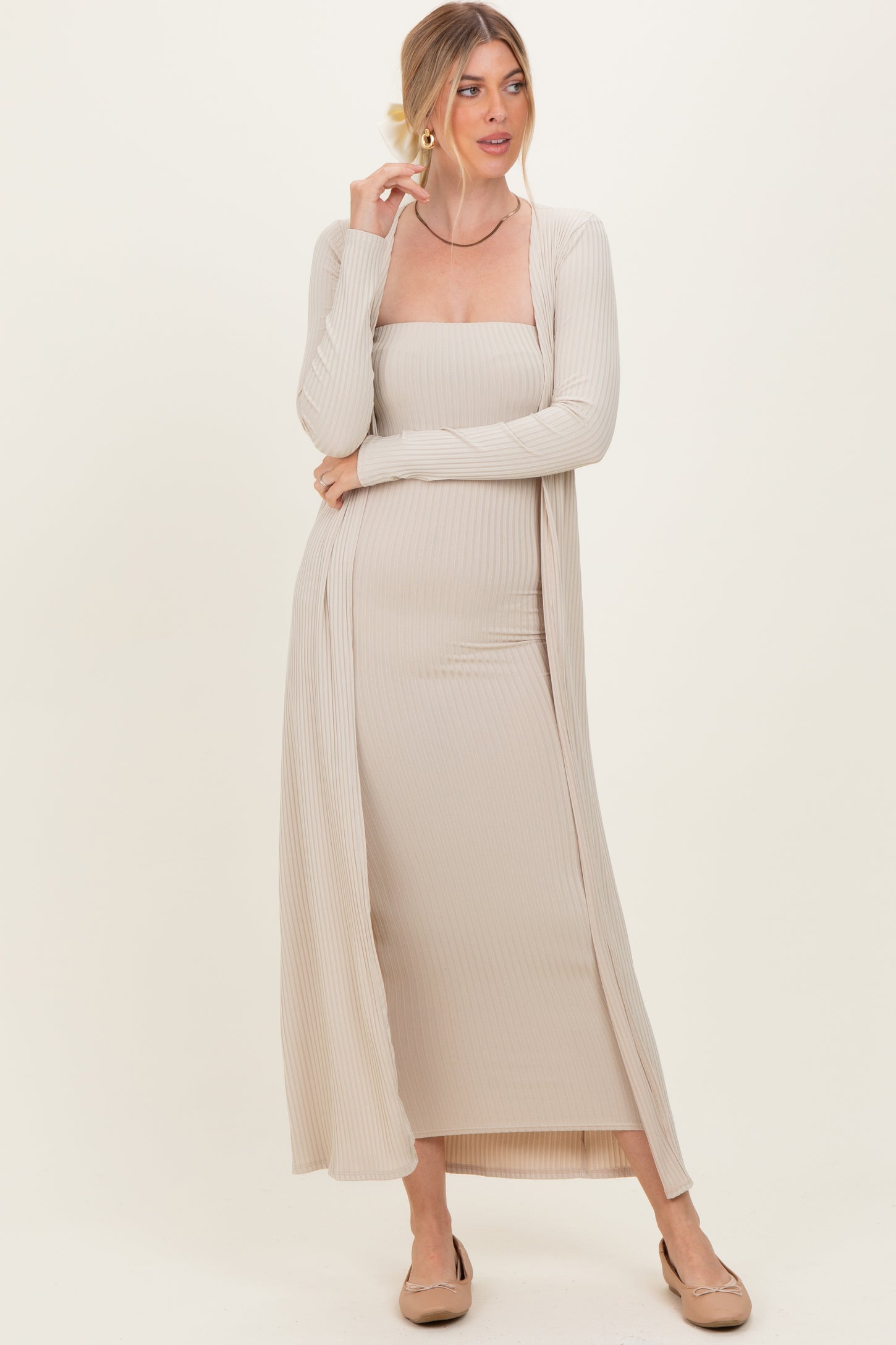 Taupe Ribbed Sleeveless Dress Cardigan Set