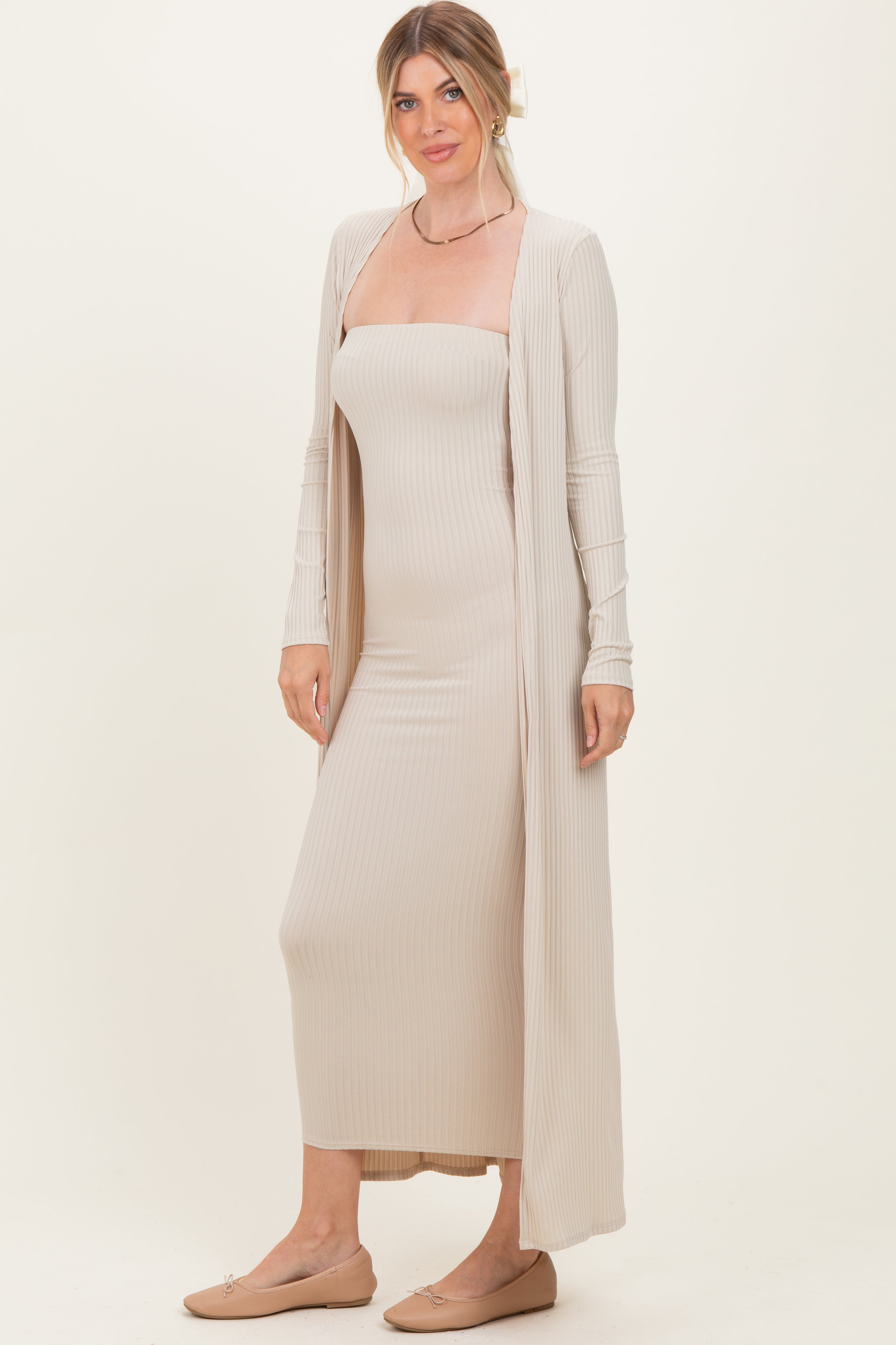 long dress with cardigan Taupe Ribbed Sleeveless Set – PinkBlush mama fashion Litehouse Chunky Blue Cheese model is 56 wearing Size:S - White Leather