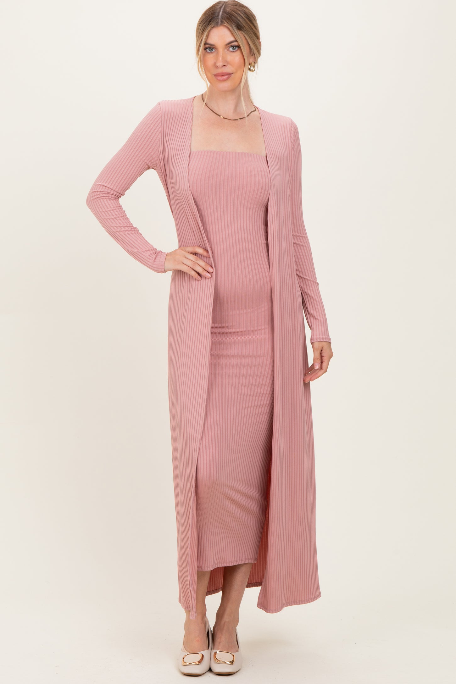 pink cardigan dress Pink Ribbed Sleeveless Dress Cardigan Maternity Set