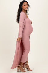 Mauve Ribbed Sleeveless Dress Cardigan Maternity Set