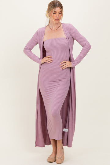 Violet Ribbed Sleeveless Dress Cardigan Set