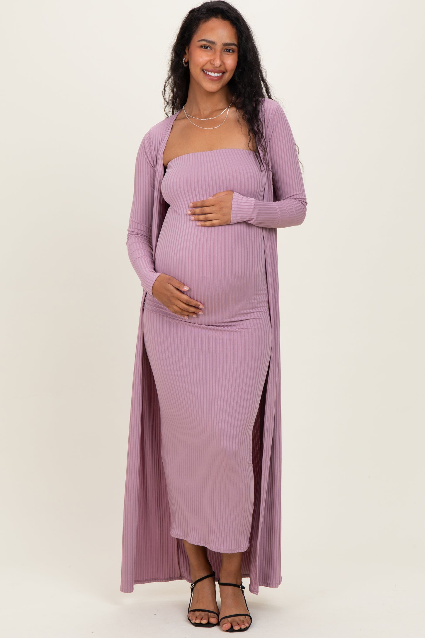 Violet Ribbed Sleeveless Dress Cardigan Maternity Set