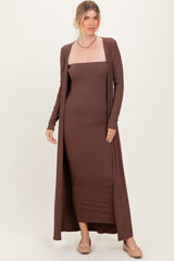 Brown Ribbed Sleeveless Dress Cardigan Set