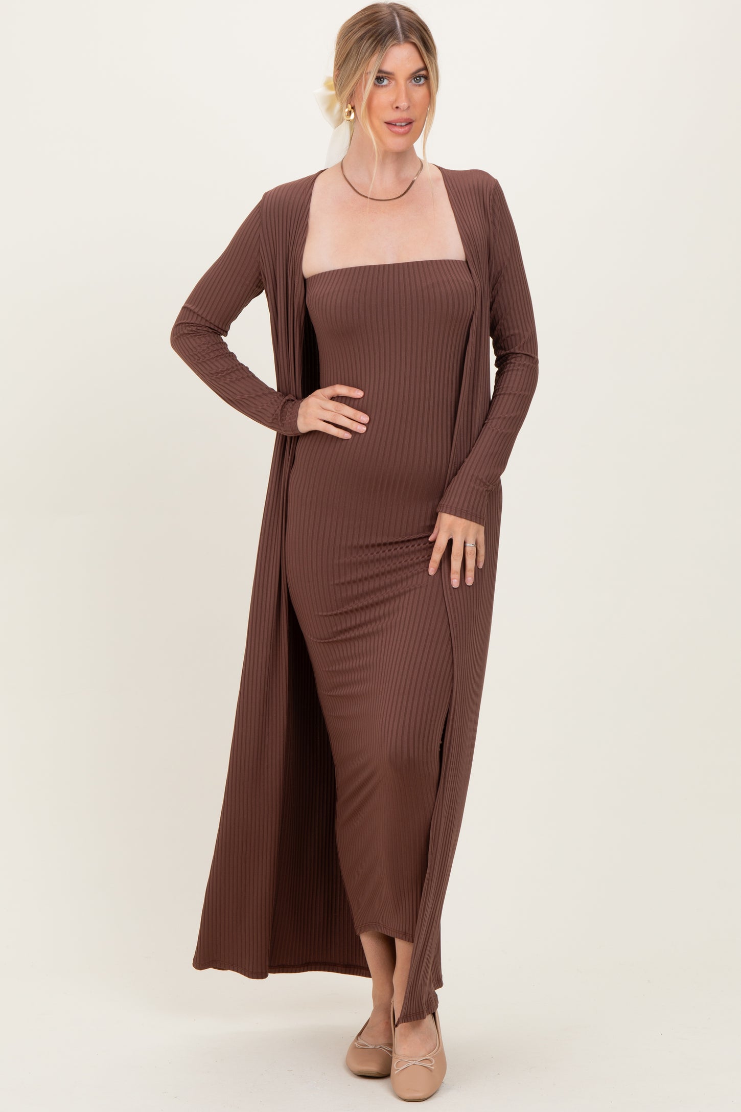 Brown Ribbed Sleeveless Dress Cardigan Set Brown Ribbed Sleeveless Dress Cardigan Set
