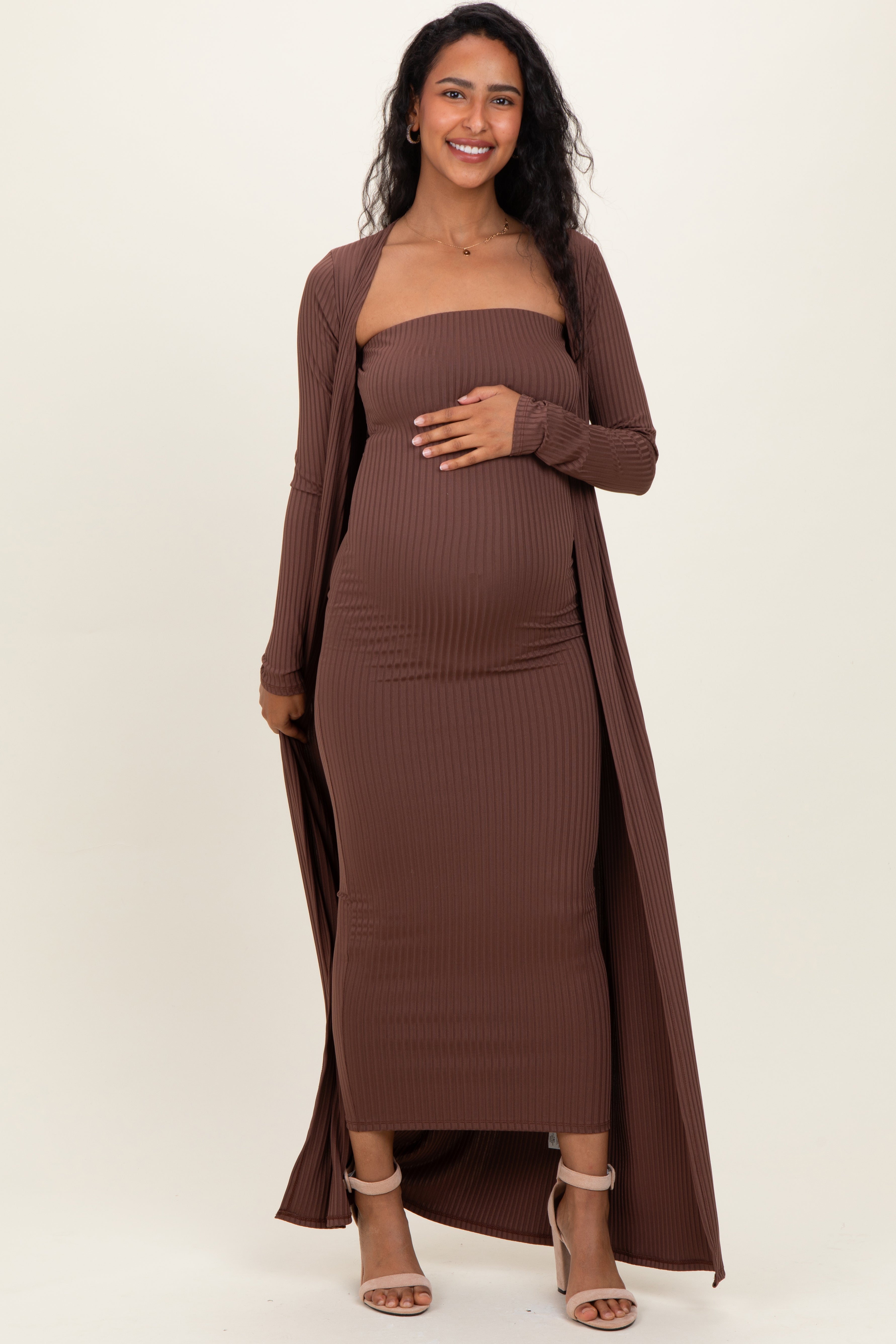 chinese dress ladies Brown Ribbed Sleeveless Dress Cardigan Maternity Set