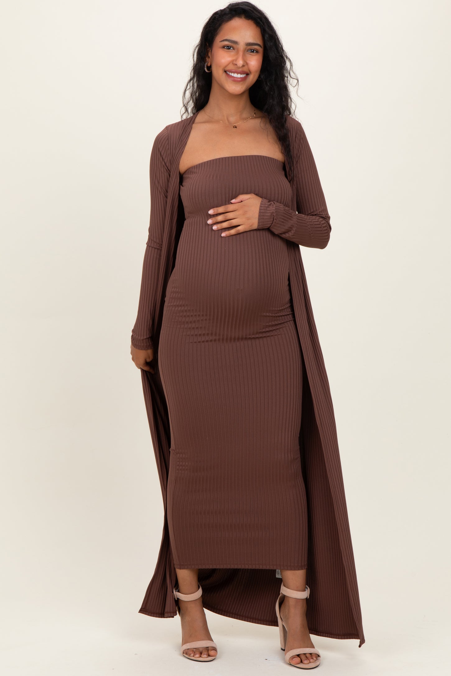 Brown Ribbed Sleeveless Dress Cardigan Maternity Set PinkBlush Brown Ribbed Sleeveless Dress Cardigan Maternity Set PinkBlush