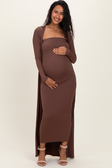 Brown Ribbed Sleeveless Dress Cardigan Maternity Set