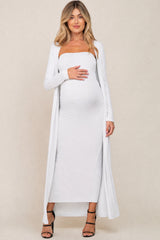Ivory Ribbed Sleeveless Dress Cardigan Maternity Set