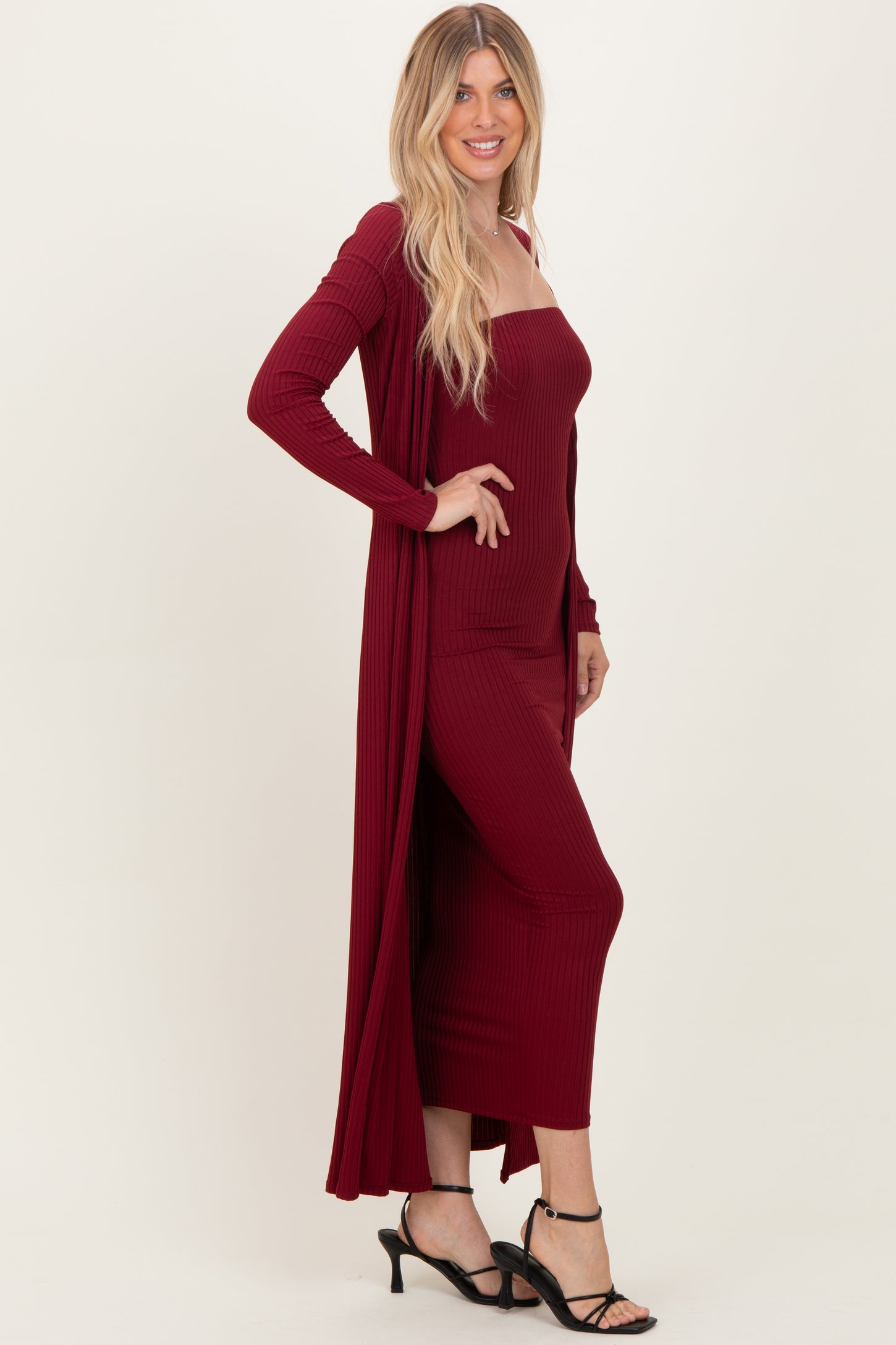 Burgundy Ribbed Sleeveless Dress Cardigan Set – PinkBlush
