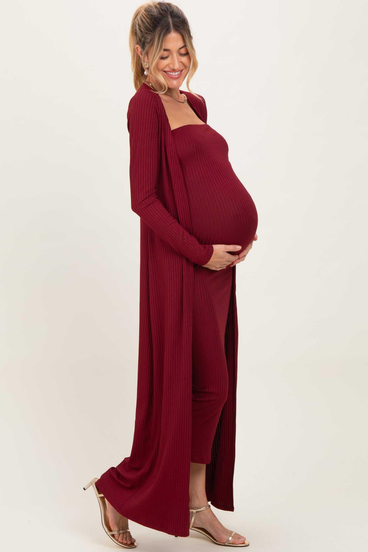 Burgundy Ribbed Sleeveless Dress Cardigan Maternity Set PinkBlush Burgundy Ribbed Sleeveless Dress Cardigan Maternity Set PinkBlush