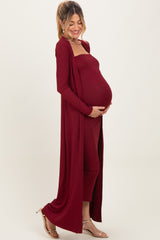 Burgundy Ribbed Sleeveless Dress Cardigan Maternity Set