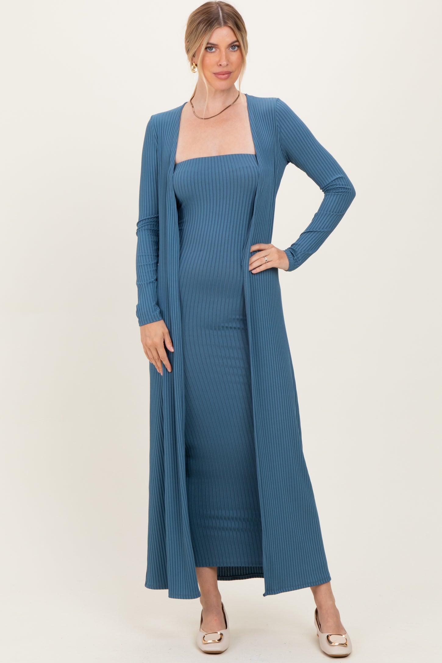Navy Ribbed Sleeveless Dress Cardigan Set Navy Ribbed Sleeveless Dress Cardigan Set
