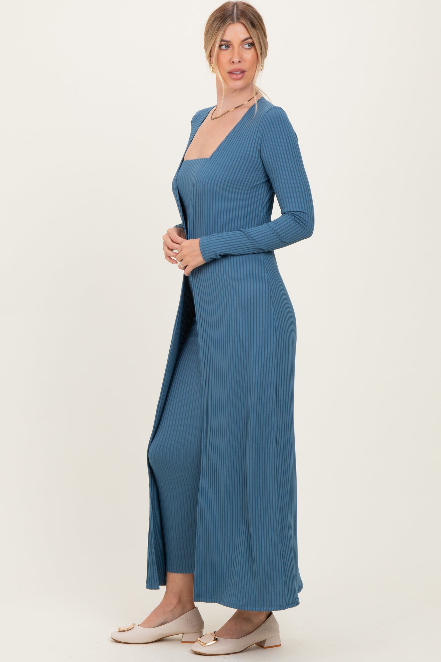 Navy Ribbed Sleeveless Dress Cardigan Set