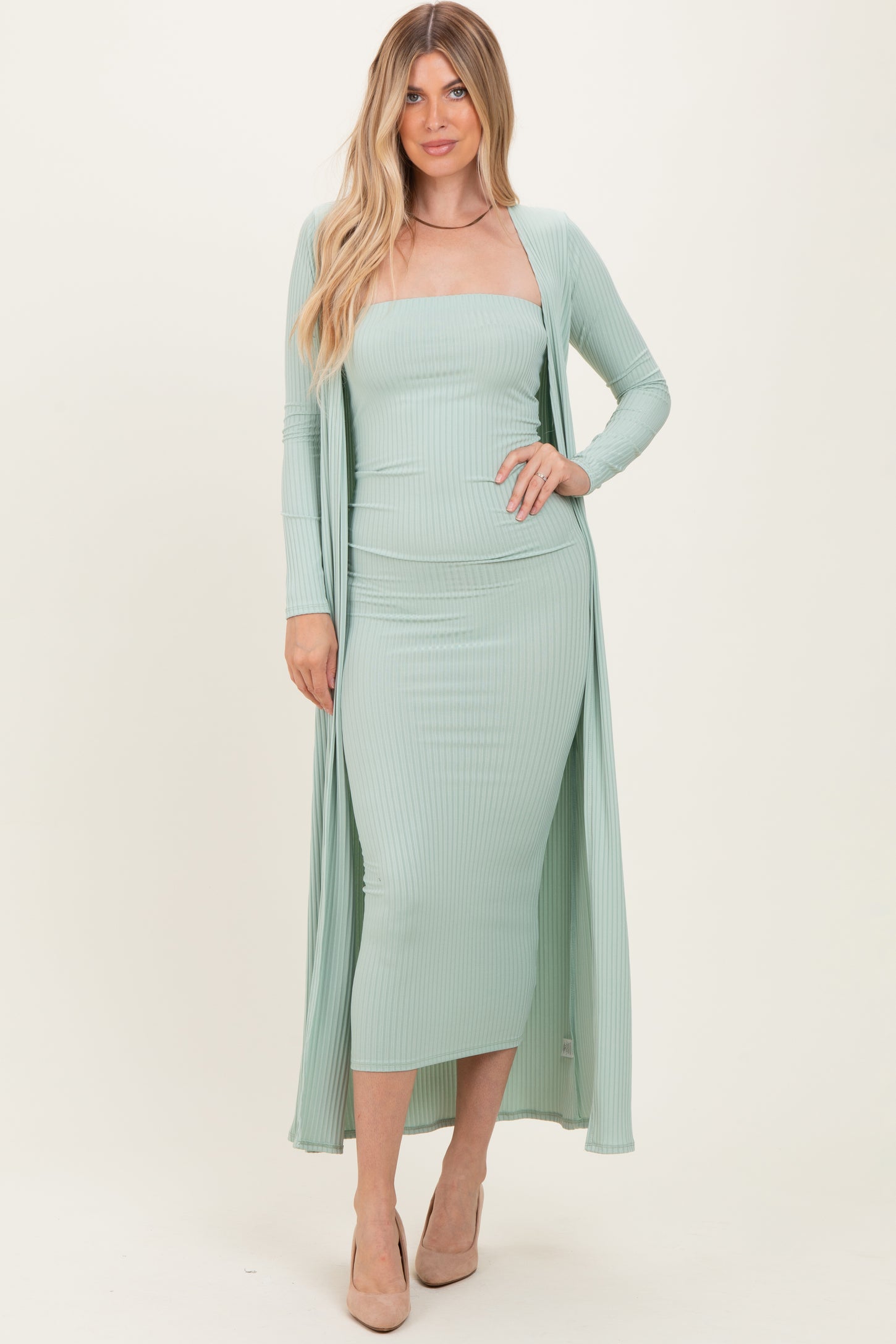 Sage Ribbed Sleeveless Dress Cardigan Maternity Set