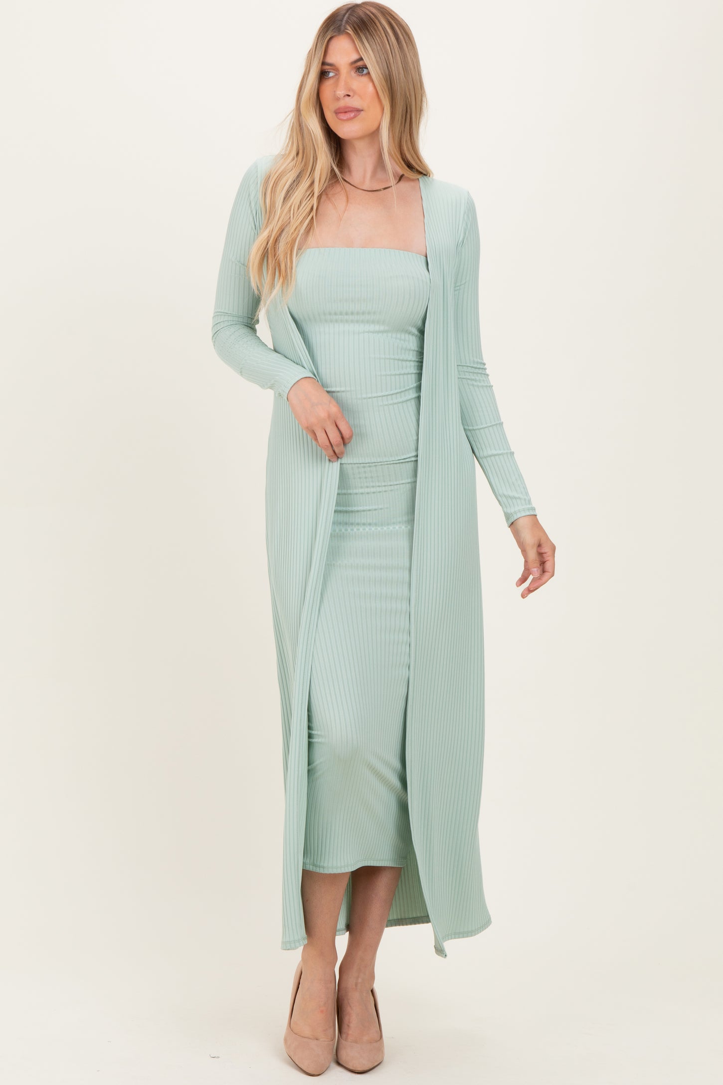 Sage Ribbed Sleeveless Dress Cardigan Set