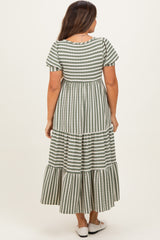 Dusty Olive/ Cream Striped Short Sleeve Tiered Maternity Maxi Dress