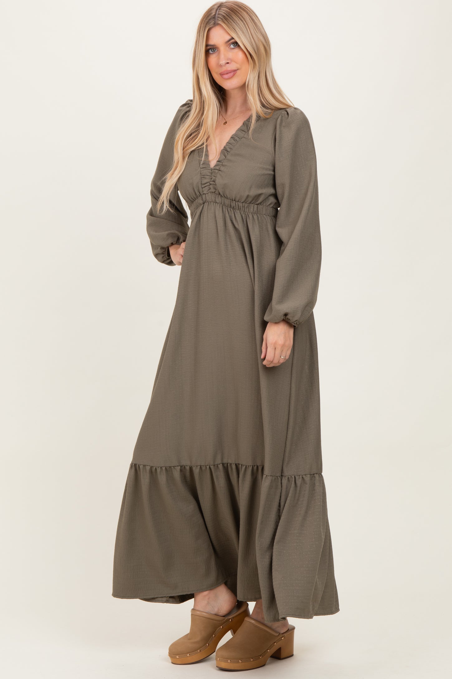 Forest Green Long Sleeve V-Neck Tiered Maxi Dress