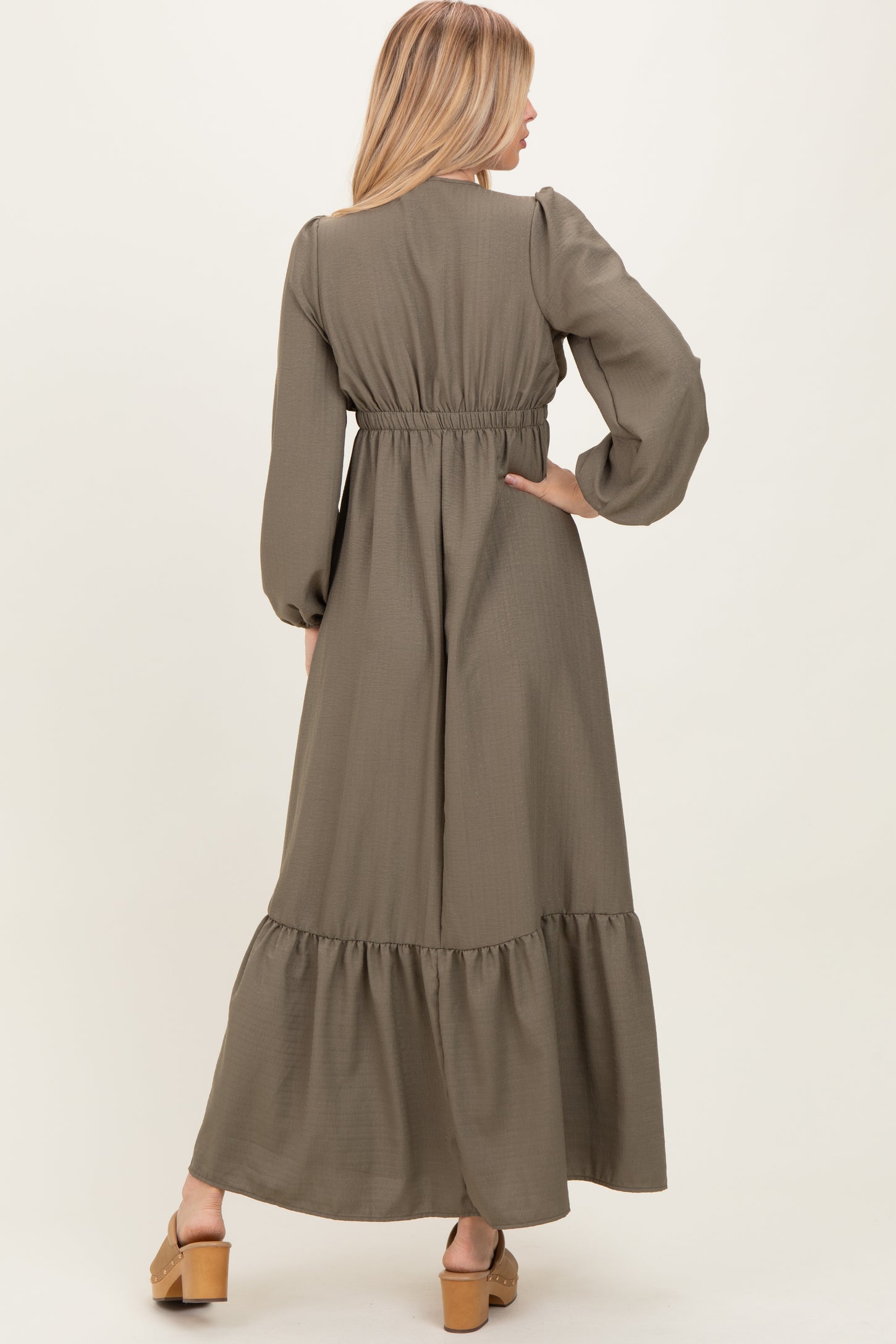 Forest Green Long Sleeve V-Neck Tiered Maxi Dress