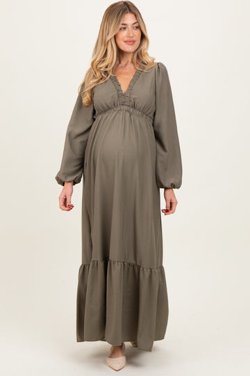 Forest Green Long Sleeve V-Neck Tiered Maternity Maxi Dress