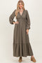 Forest Green Long Sleeve V-Neck Tiered Maxi Dress