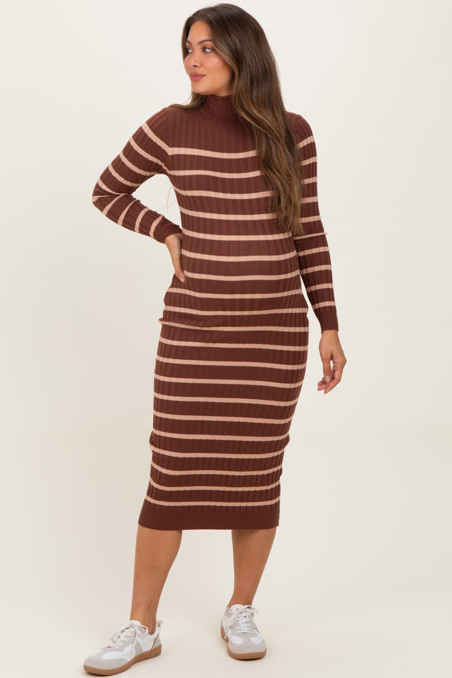 Brown Striped Turtleneck Maternity Midi Sweater Dress – PinkBlush