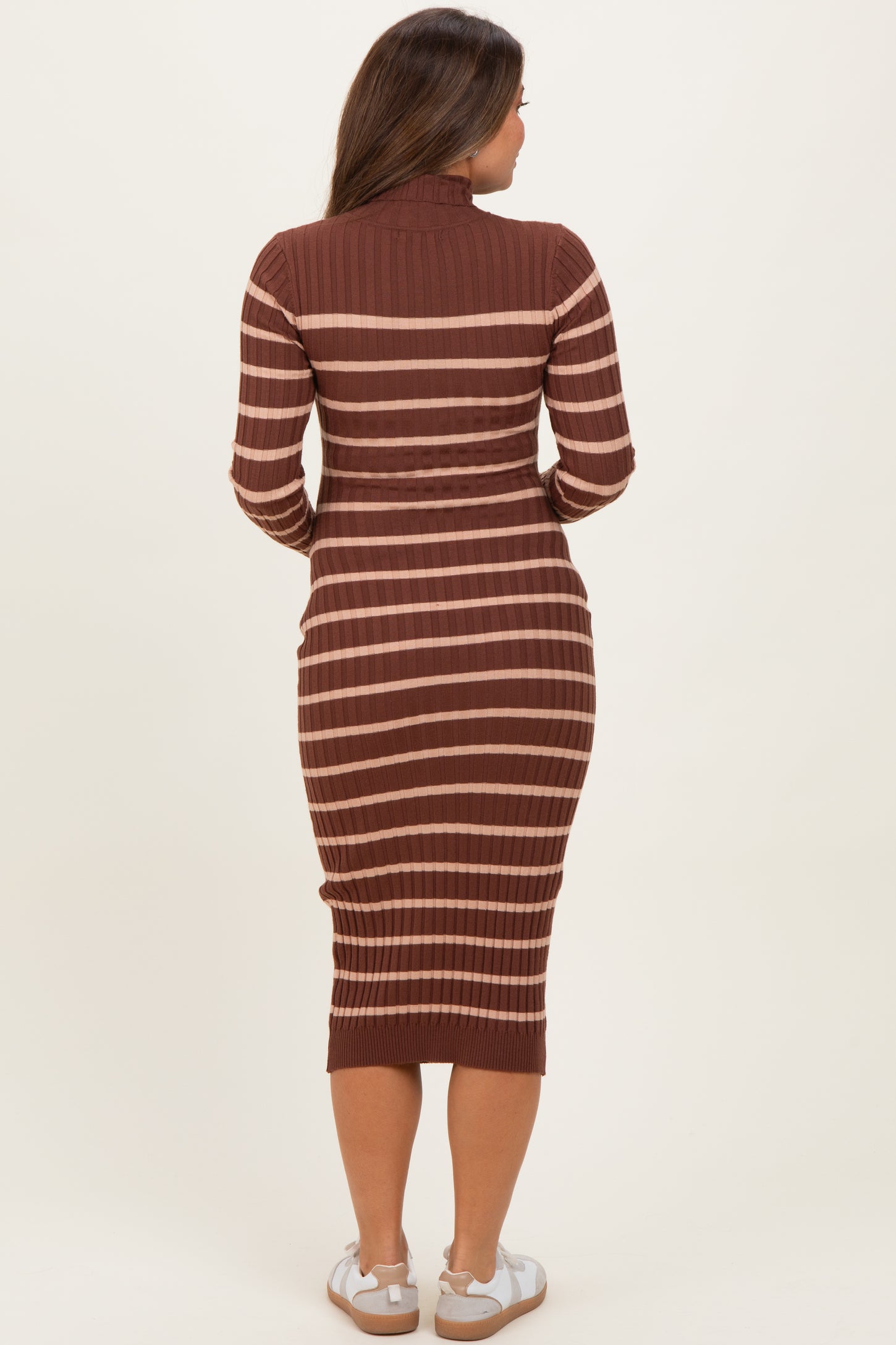 Brown Striped Turtleneck Maternity Midi Sweater Dress – PinkBlush
