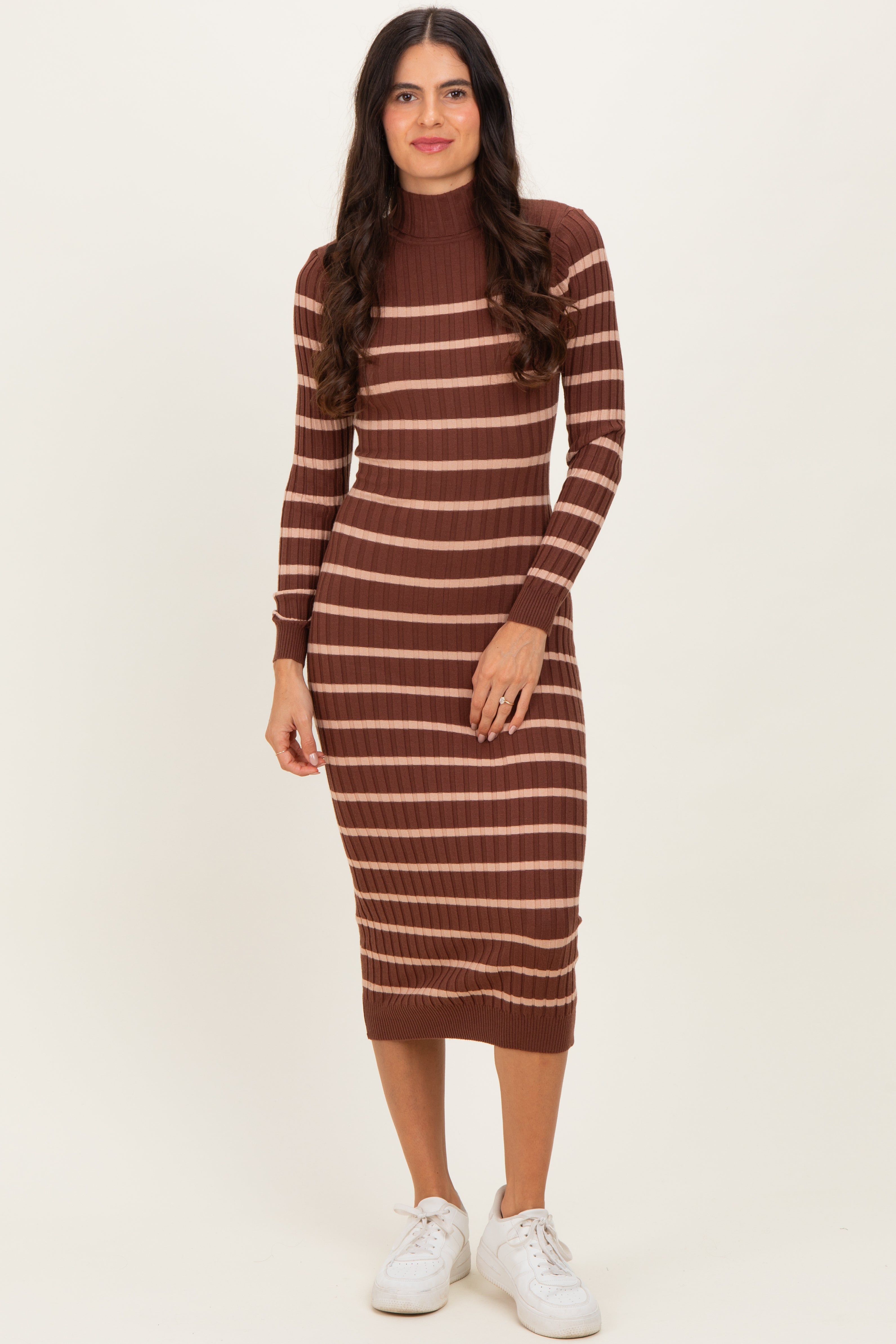 Brown Striped Turtleneck Maternity Midi Sweater Dress – PinkBlush