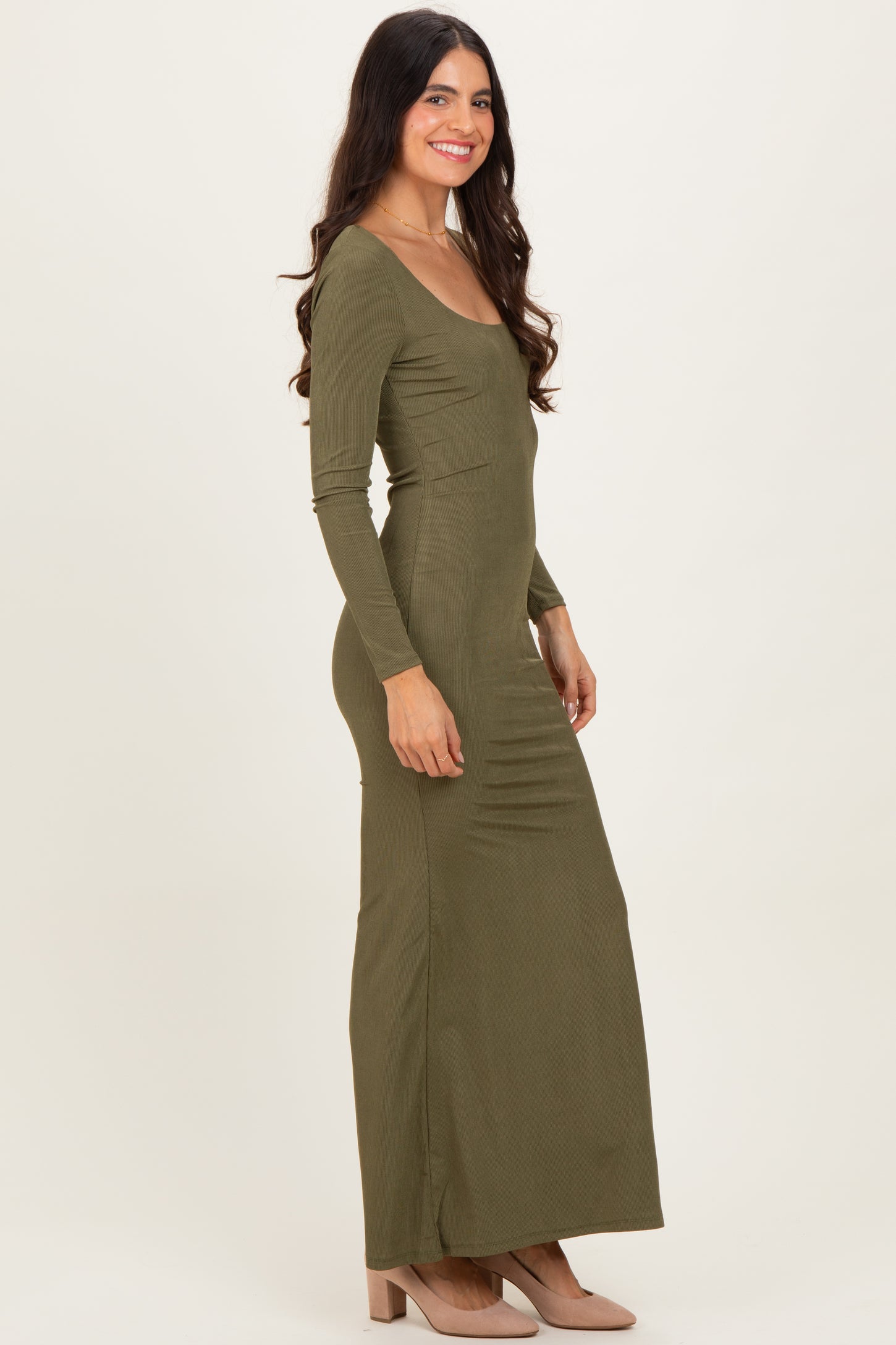Olive Basic Square Neck Long Sleeve Maxi Dress