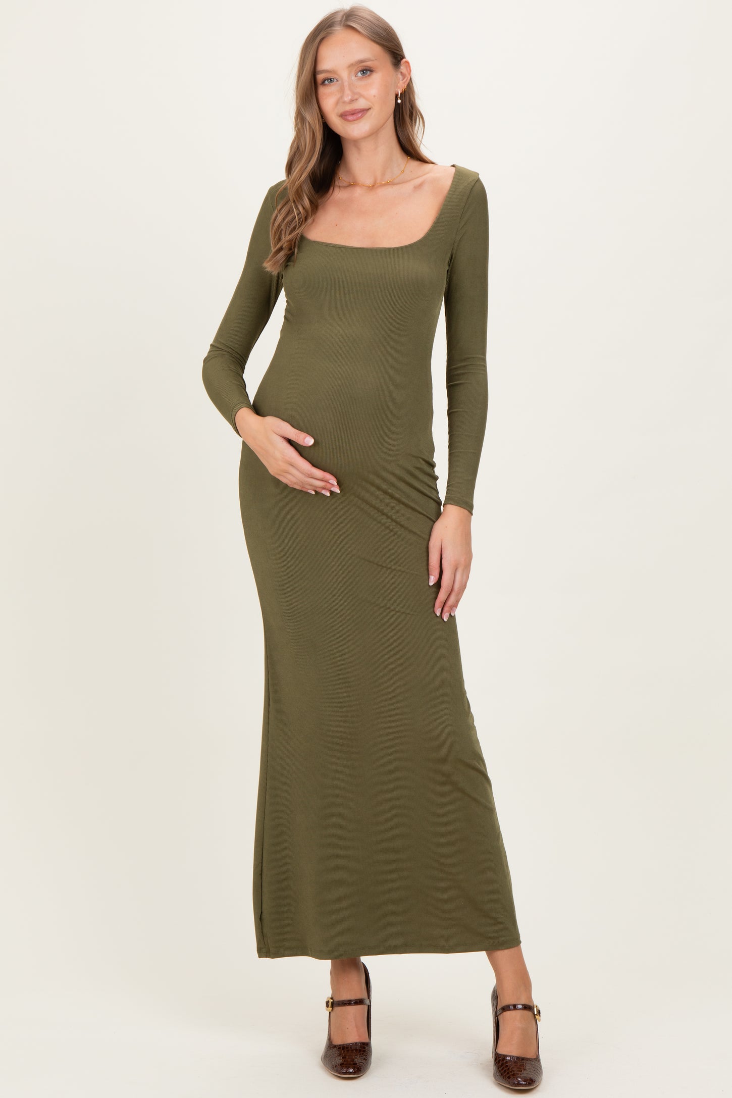 Olive Square Neck Long Sleeve Maternity Maxi Dress