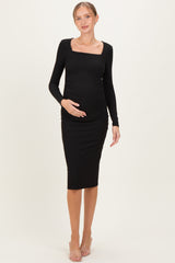 Black Ribbed Ruched Maternity Midi Dress