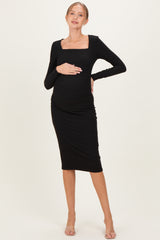 Black Ribbed Ruched Maternity Midi Dress