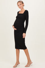 Black Ribbed Ruched Maternity Midi Dress