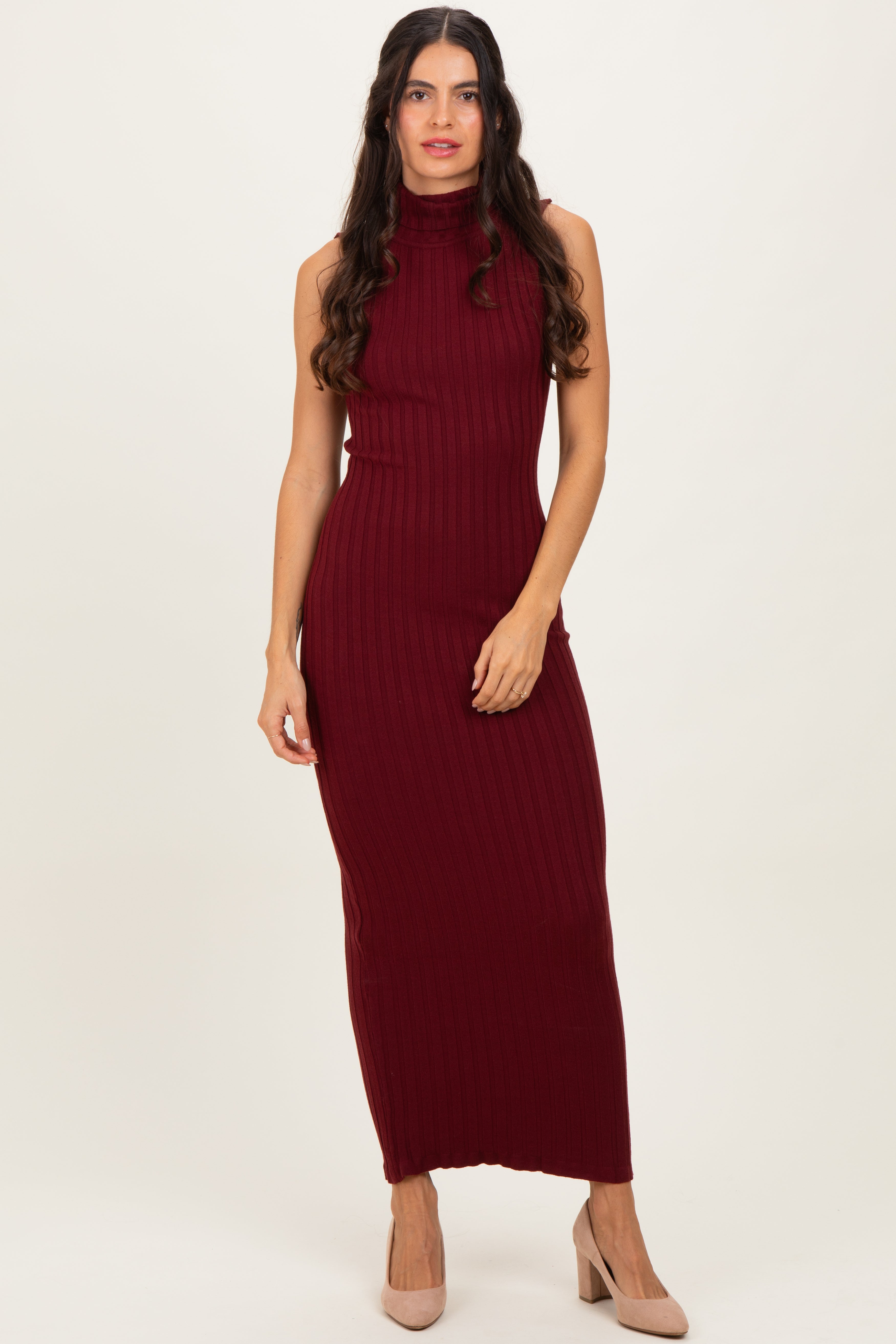 Wine Turtleneck Ribbed Knit Sleeveless Maxi Dress – PinkBlush