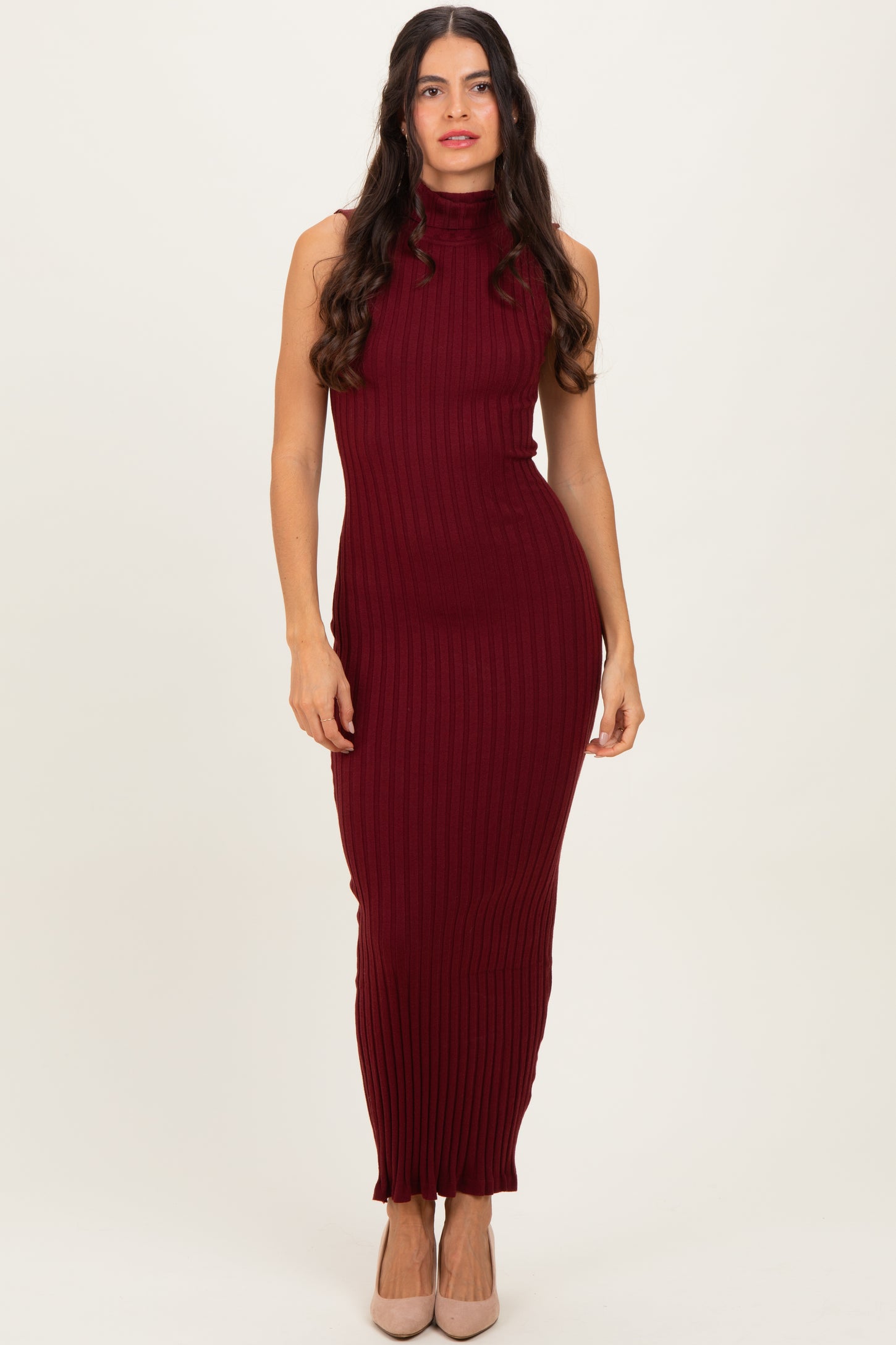 Wine Turtleneck Ribbed Knit Sleeveless Maxi Dress
