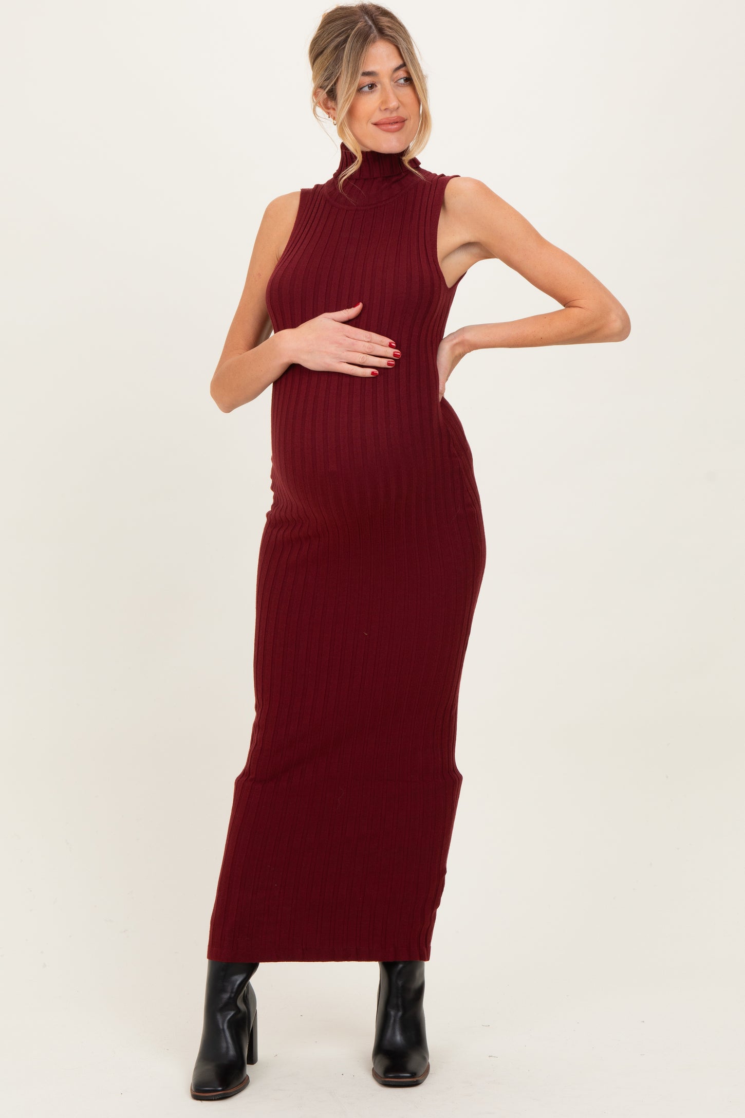 Wine Turtleneck Ribbed Knit Sleeveless Maternity Maxi Dress Wine Turtleneck Ribbed Knit Sleeveless Maternity Maxi Dress