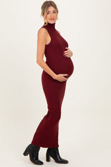 Wine Turtleneck Ribbed Knit Sleeveless Maternity Maxi Dress