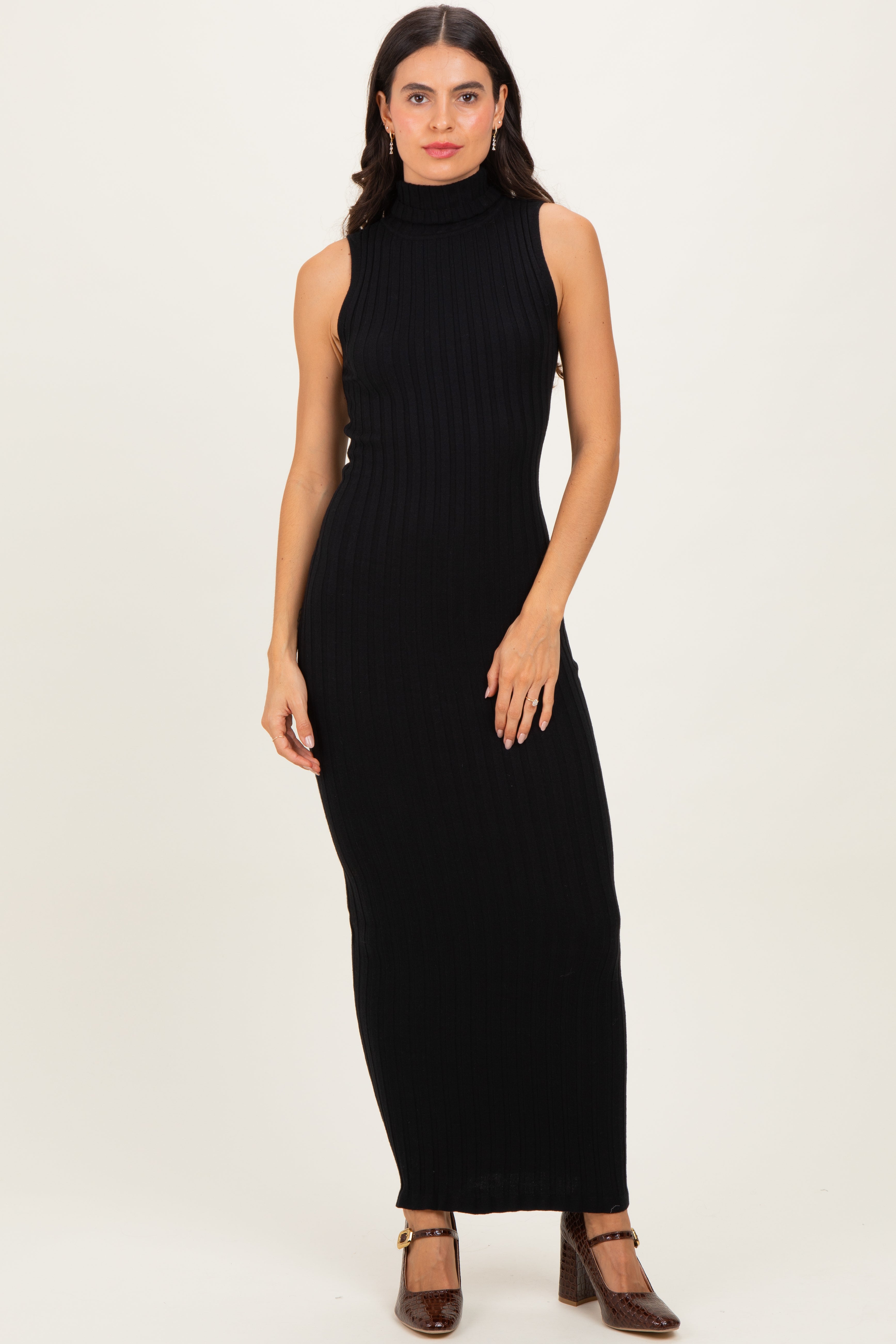 Black Turtleneck Ribbed Knit Sleeveless Maxi Dress – PinkBlush
