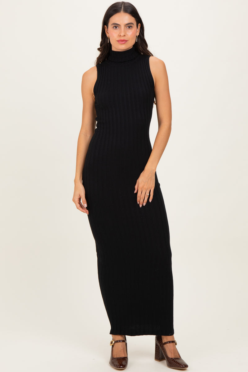 Black Turtleneck Ribbed Knit Sleeveless Maxi Dress – PinkBlush