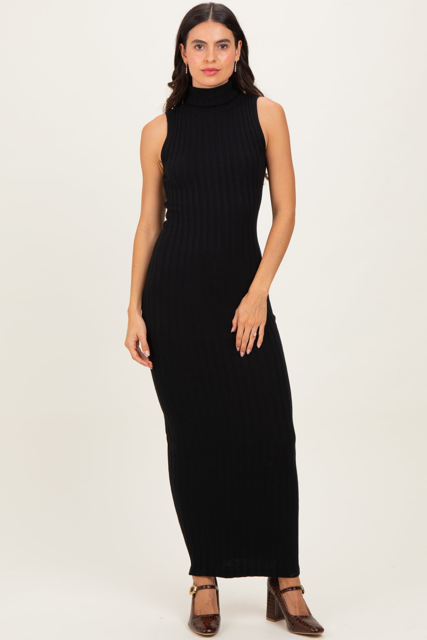 Black Turtleneck Ribbed Knit Sleeveless Maxi Dress – PinkBlush