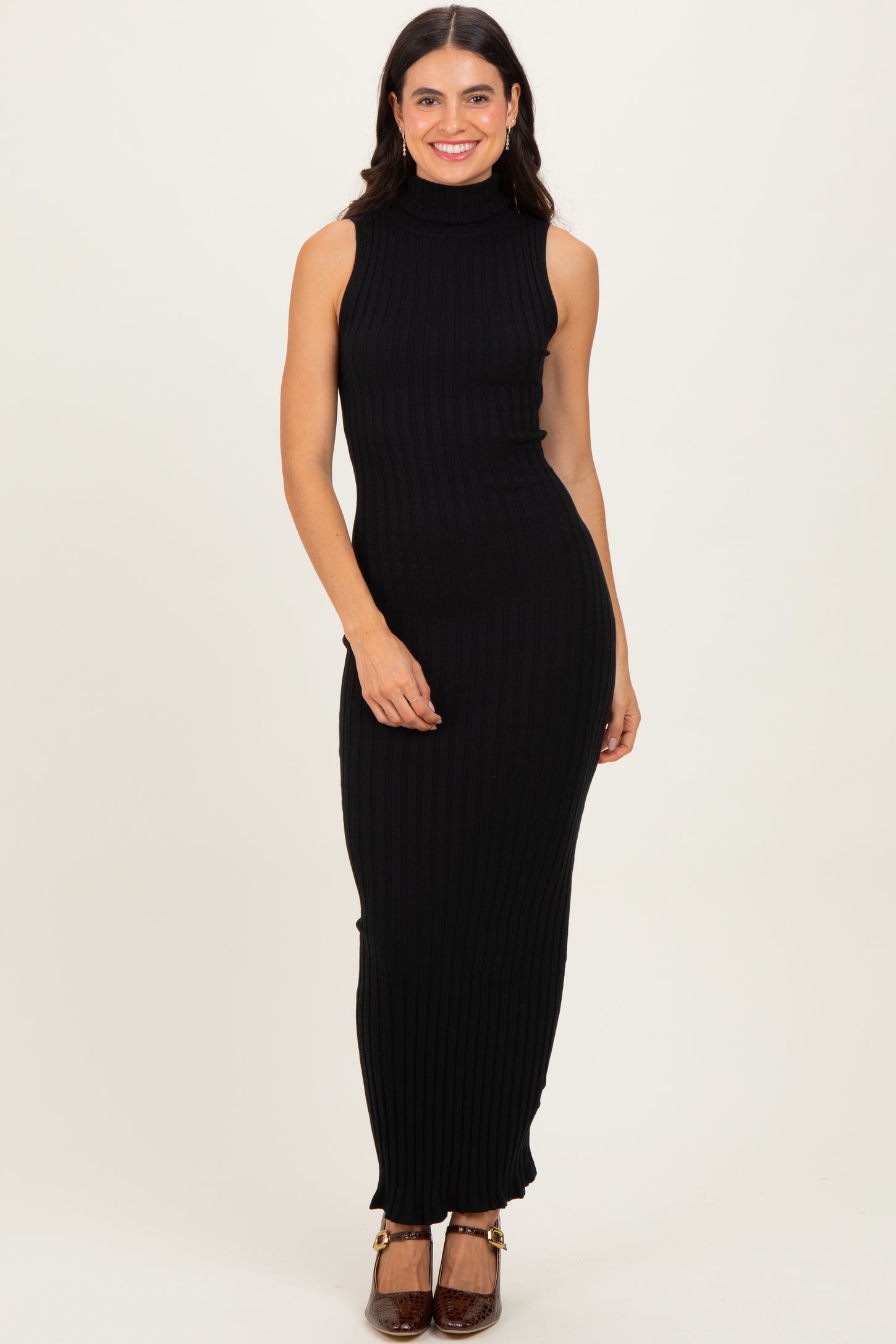 Black Turtleneck Ribbed Knit Sleeveless Maxi Dress – PinkBlush
