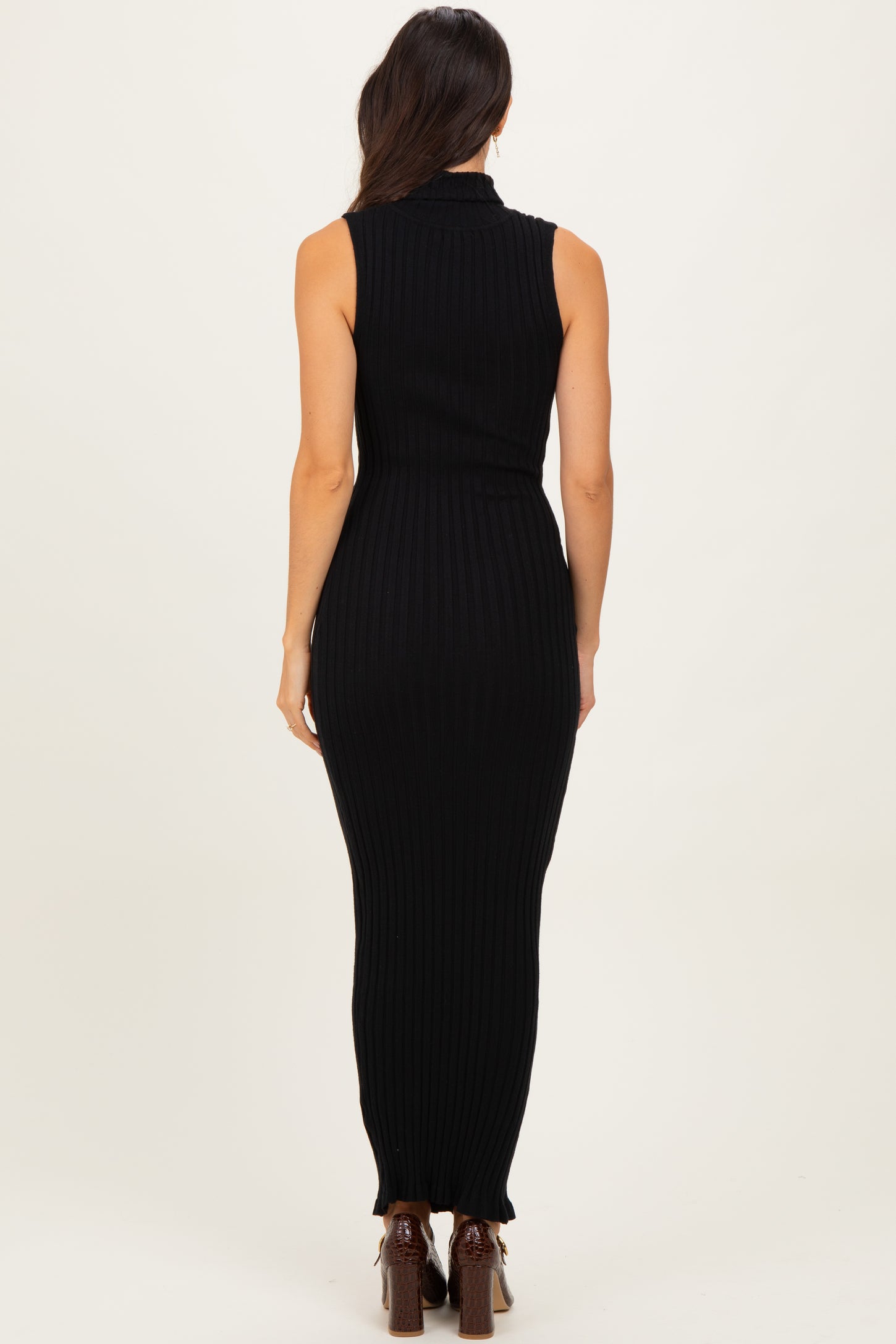 Black Turtleneck Ribbed Knit Sleeveless Maxi Dress