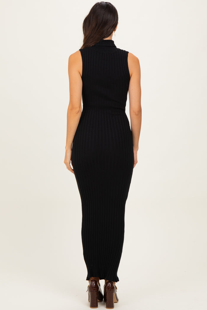 woman wearing a black sleeveless ribbed maxi dress, shown from the back