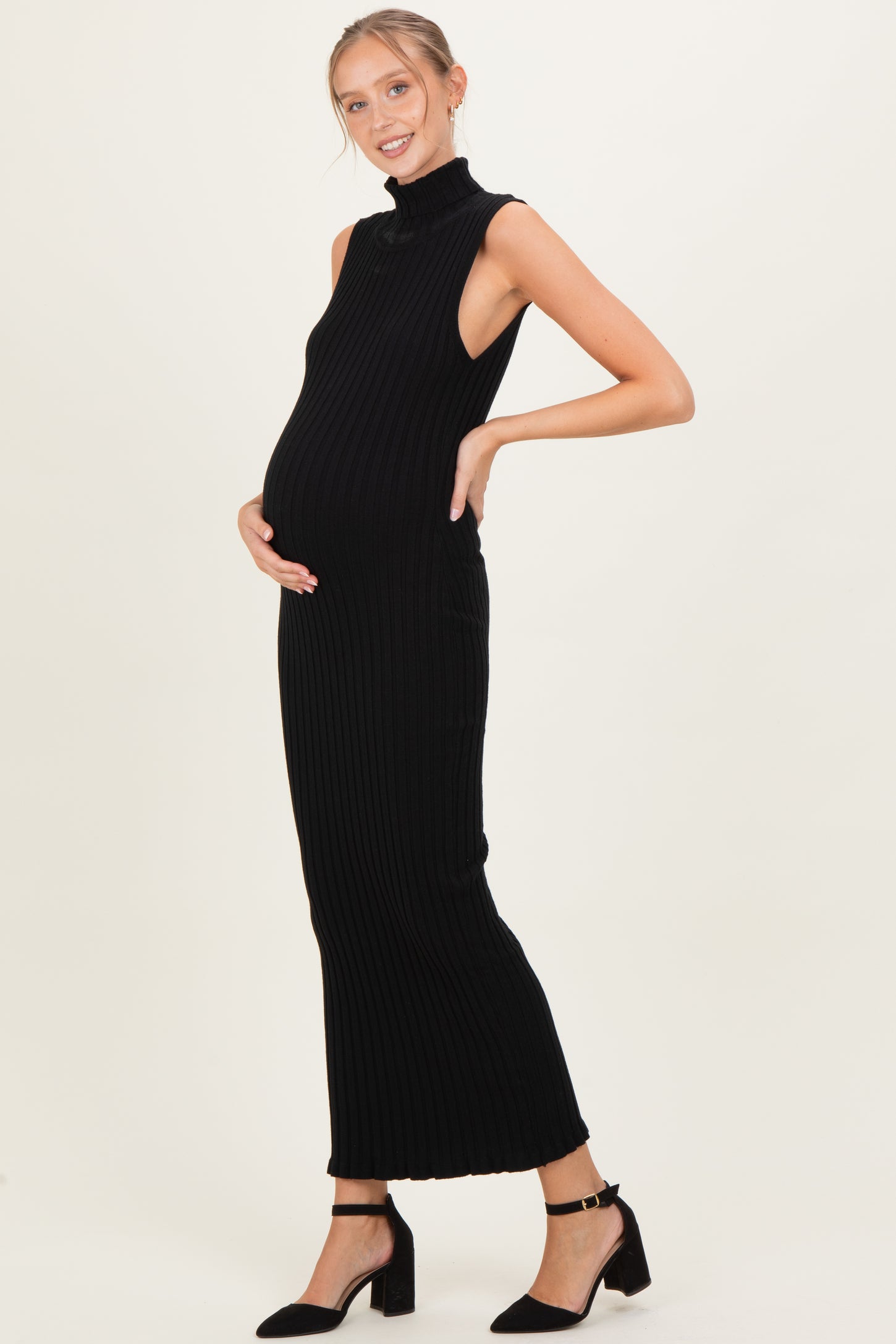 Black Turtleneck Ribbed Knit Sleeveless Maternity Maxi Dress Black Turtleneck Ribbed Knit Sleeveless Maternity Maxi Dress