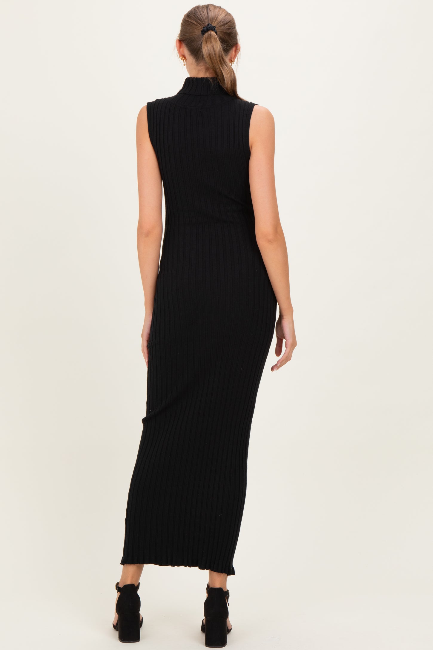 Black Turtleneck Ribbed Knit Sleeveless Maternity Maxi Dress