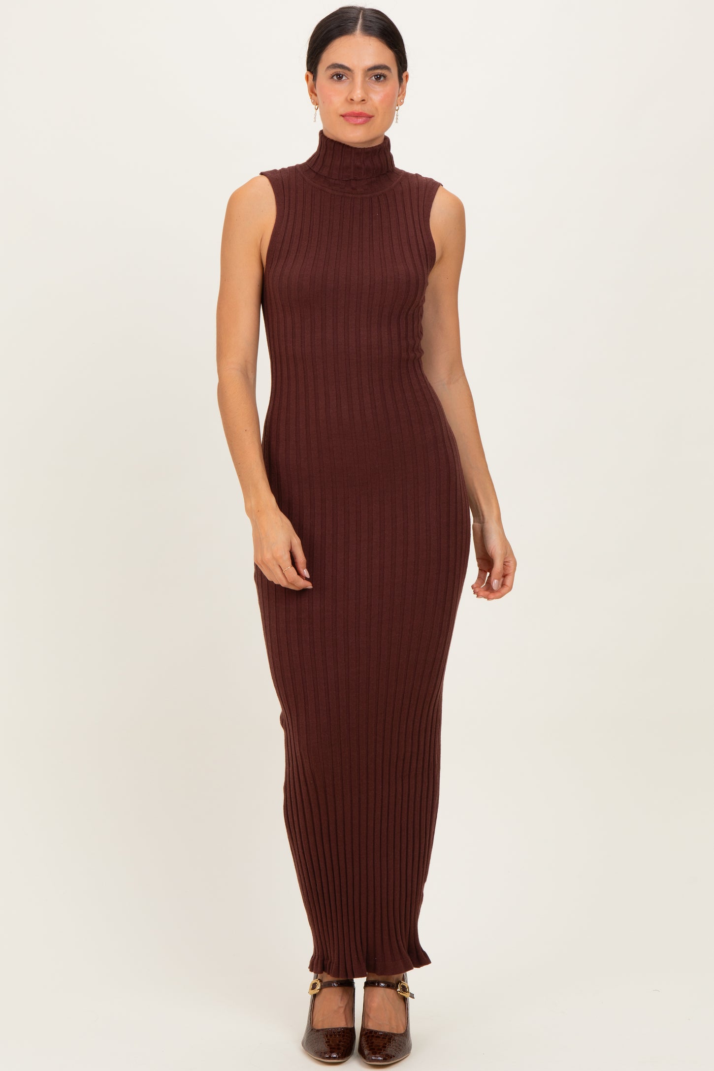 Brown Turtleneck Ribbed Knit Sleeveless Maxi Dress Brown Turtleneck Ribbed Knit Sleeveless Maxi Dress