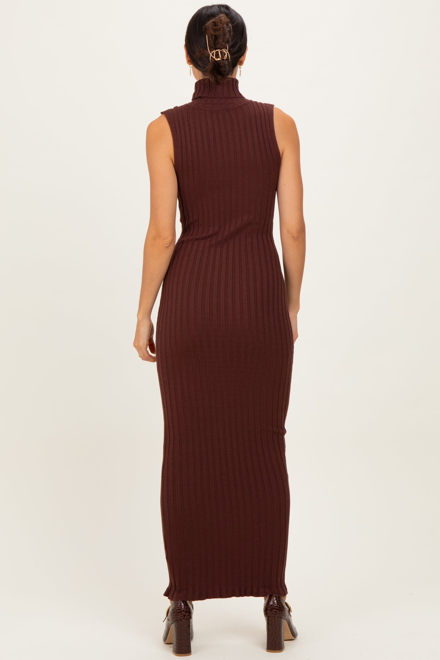Brown Turtleneck Ribbed Knit Sleeveless Maxi Dress